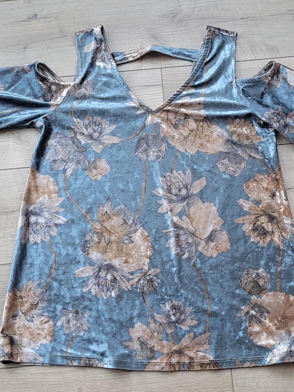Blue Floral Velvet Cold-Shoulder Top